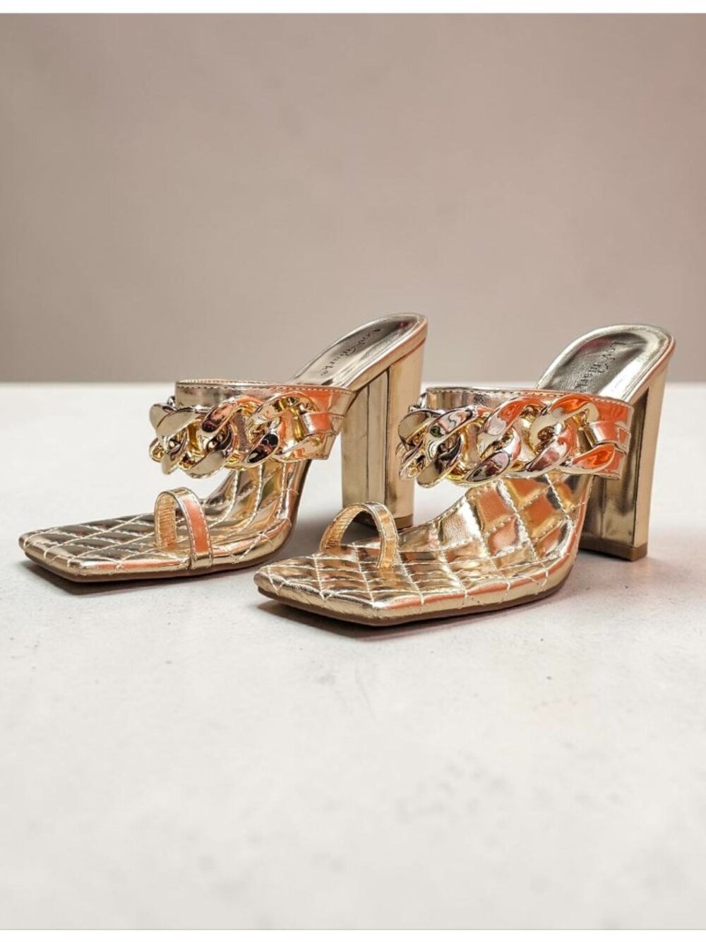 Gold Block Heel Chain Quilted Open Toe Mules For Women By Lovmark